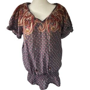 Women Paisley Smocked Waist Peasant Top XL Boho Festival Hippie Folk Retro Indie